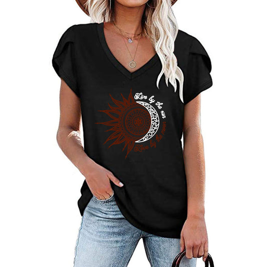 Women's Sunflower Printed Petal Short-sleeved T-shirt For Blouses