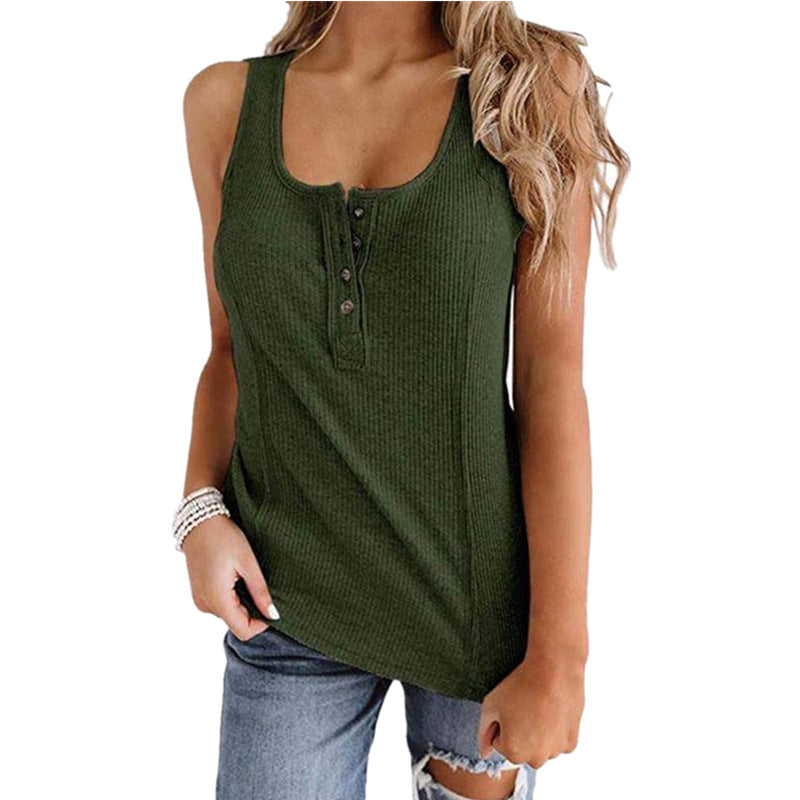 Women's Solid Color Buttons Sleeveless T-shirt Tops