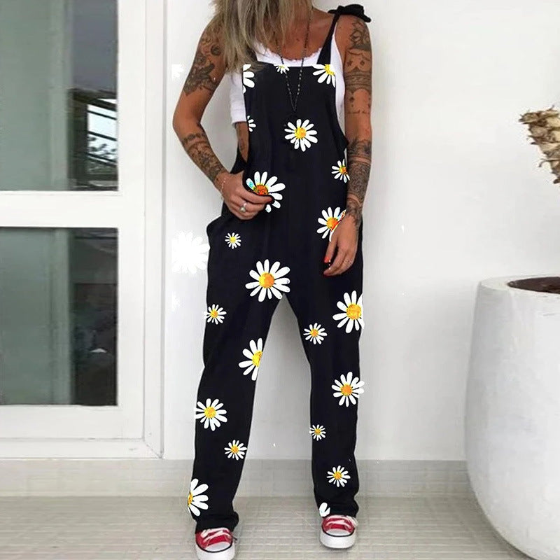 Unique Printed Skull Chrysanthemum Overalls Trousers Pants