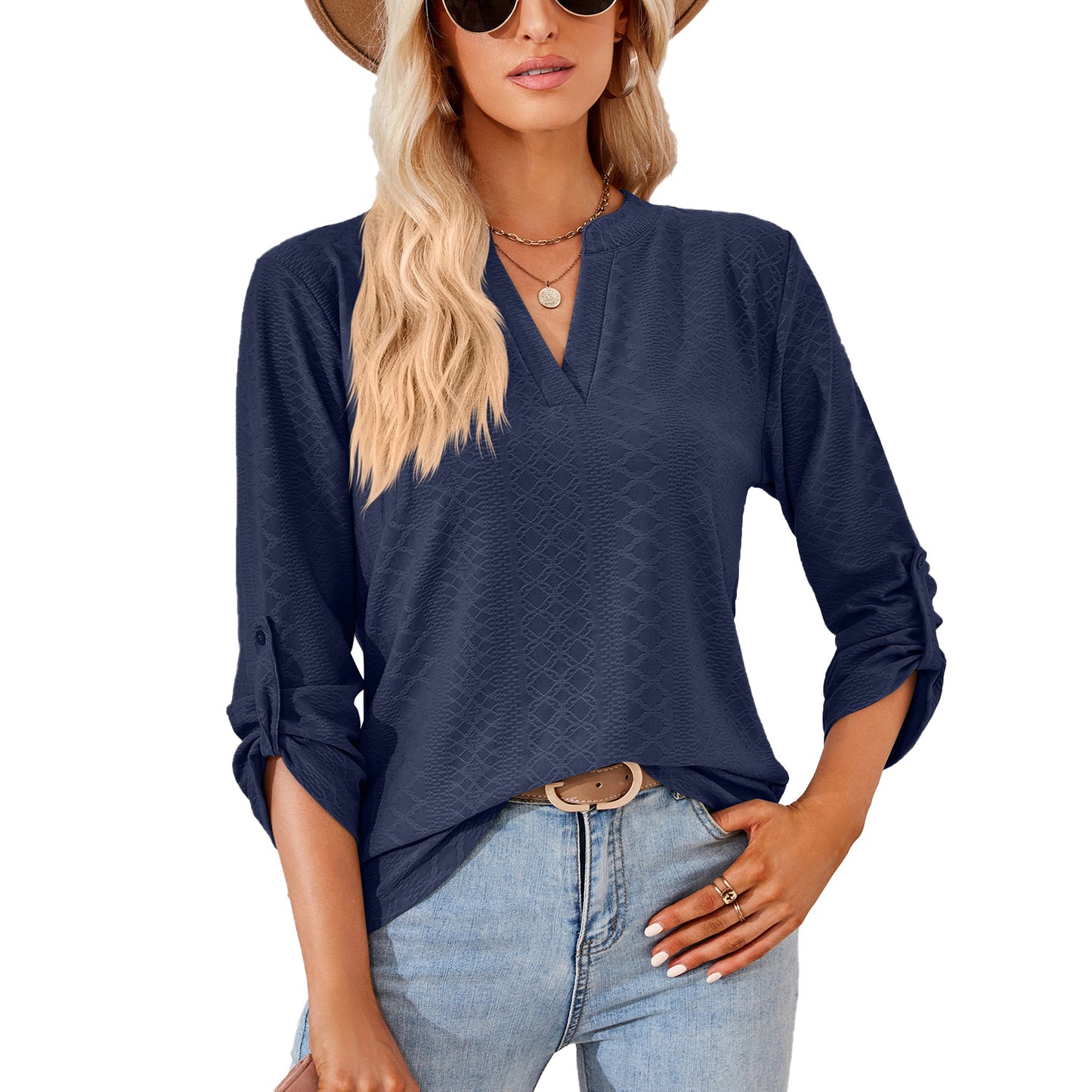 Women's Solid Color And Three-quarter Sleeve Button Tops