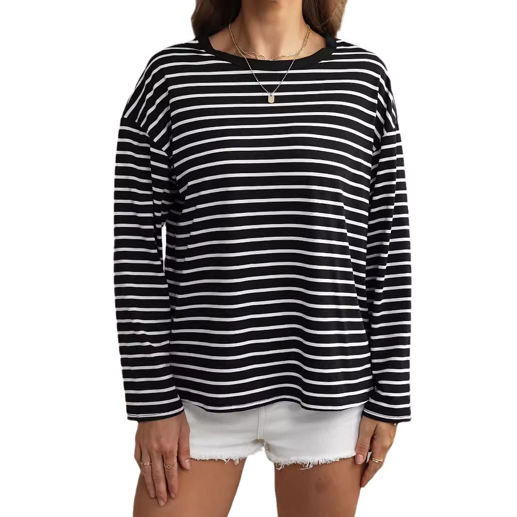 Women's Summer Long-sleeved Round Neck Striped T-shirt Blouses