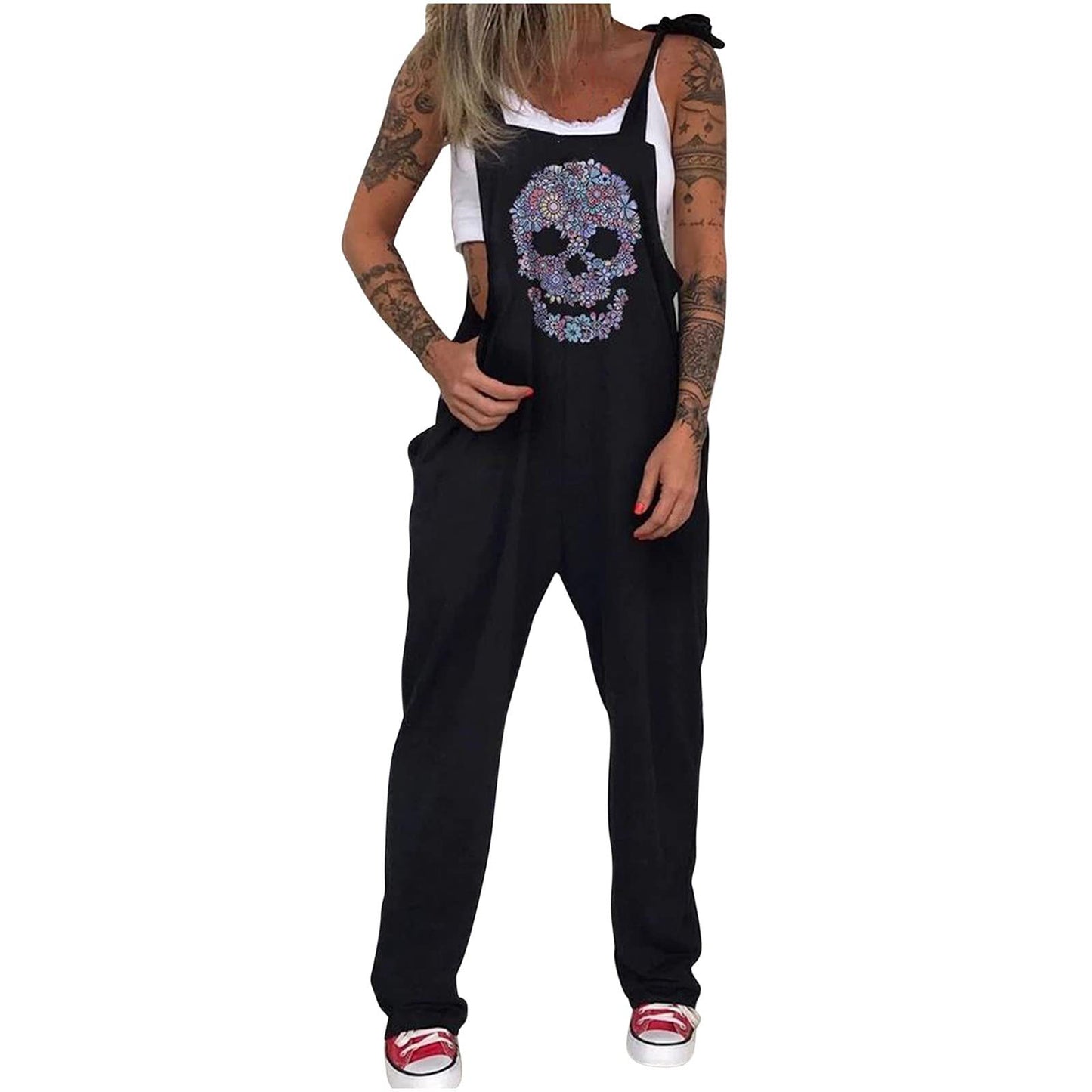 Unique Printed Skull Chrysanthemum Overalls Trousers Pants