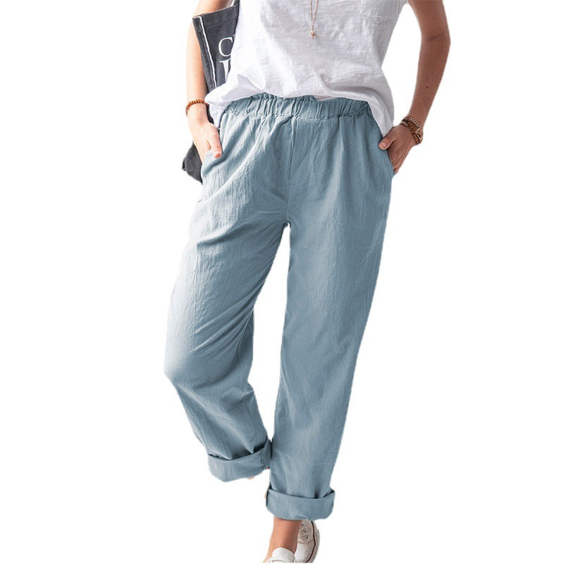 Women's Linen Trousers Solid Color Elastic High Pants