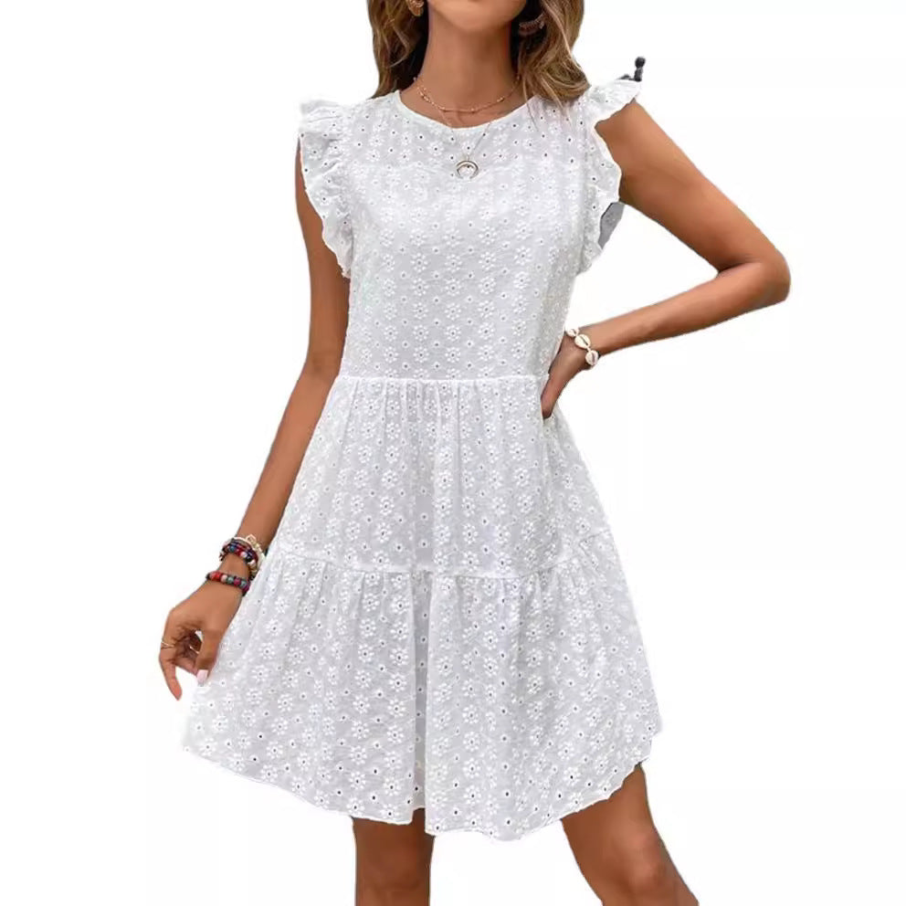 Fashion Cotton Flower Embroidery Flying Sleeves Back Dresses