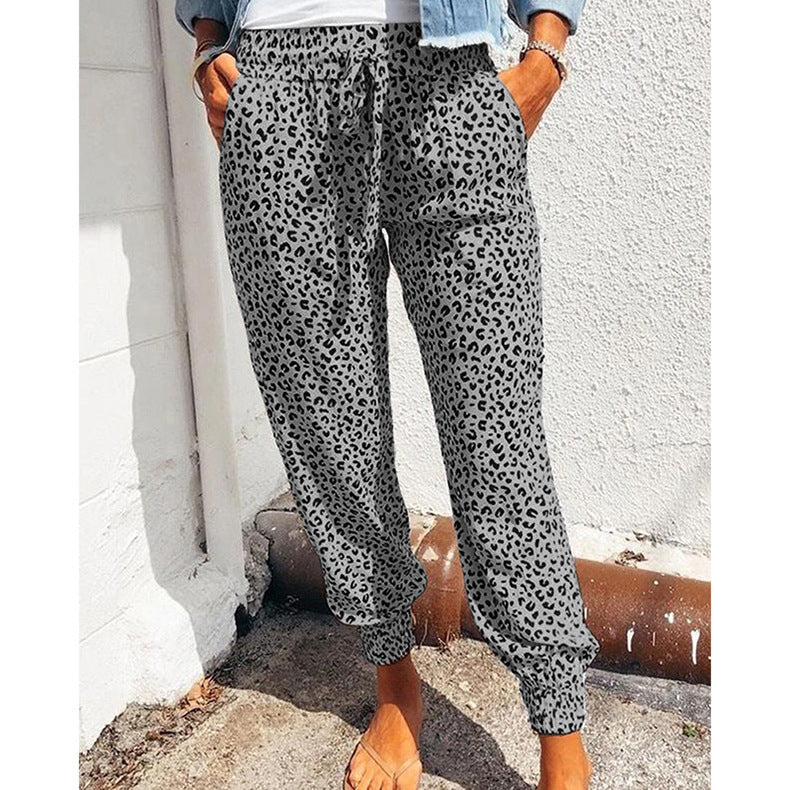 Women's Summer Trousers Loose Leopard Print Printed Drawstring Pants