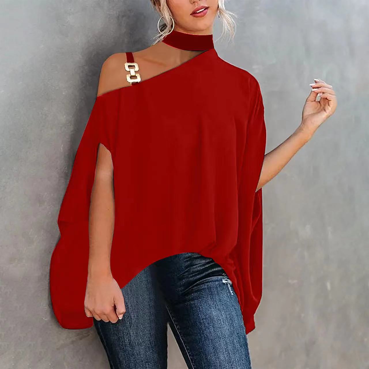 Turtleneck Shoulder Cloak Sleeve Loose-fitting Batwing Tops