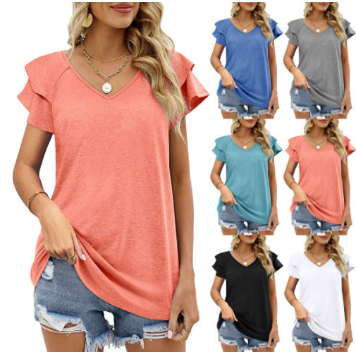 Women's V-neck Double Layer Ruffled Sleeve Blouses