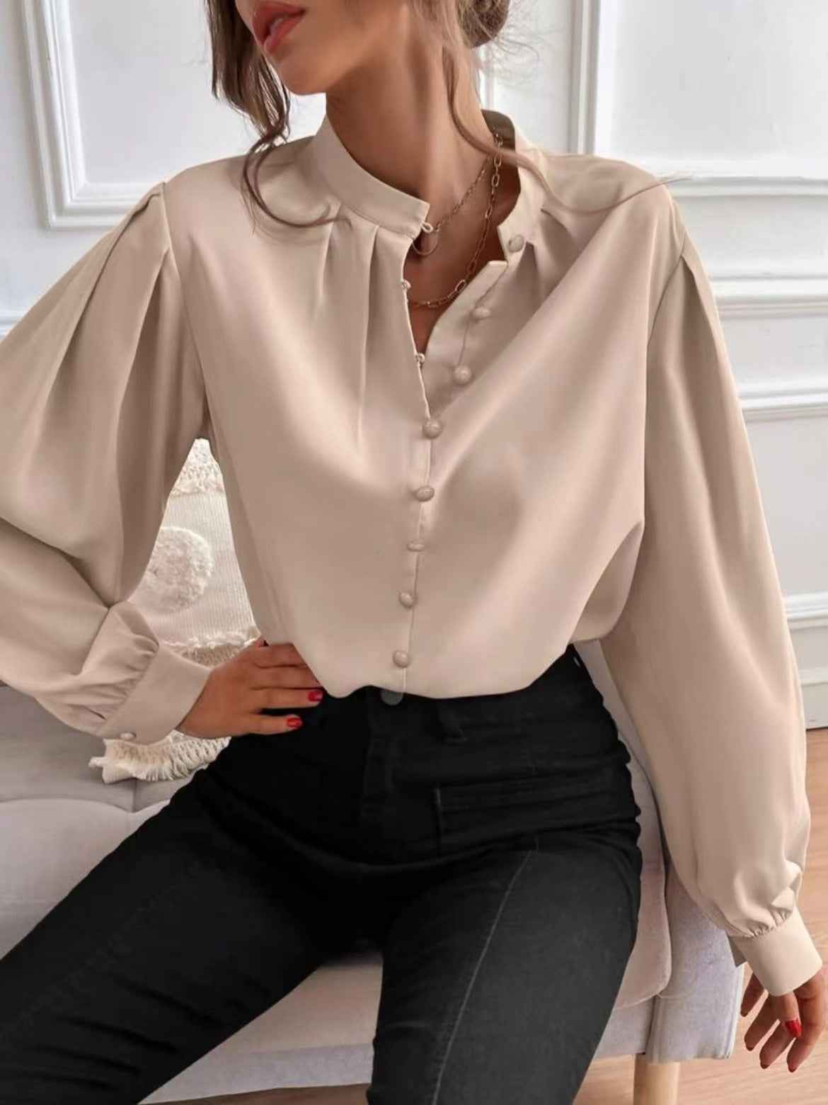 Women's Elegant Solid Color Lapel Long Sleeve Single Row Blouses