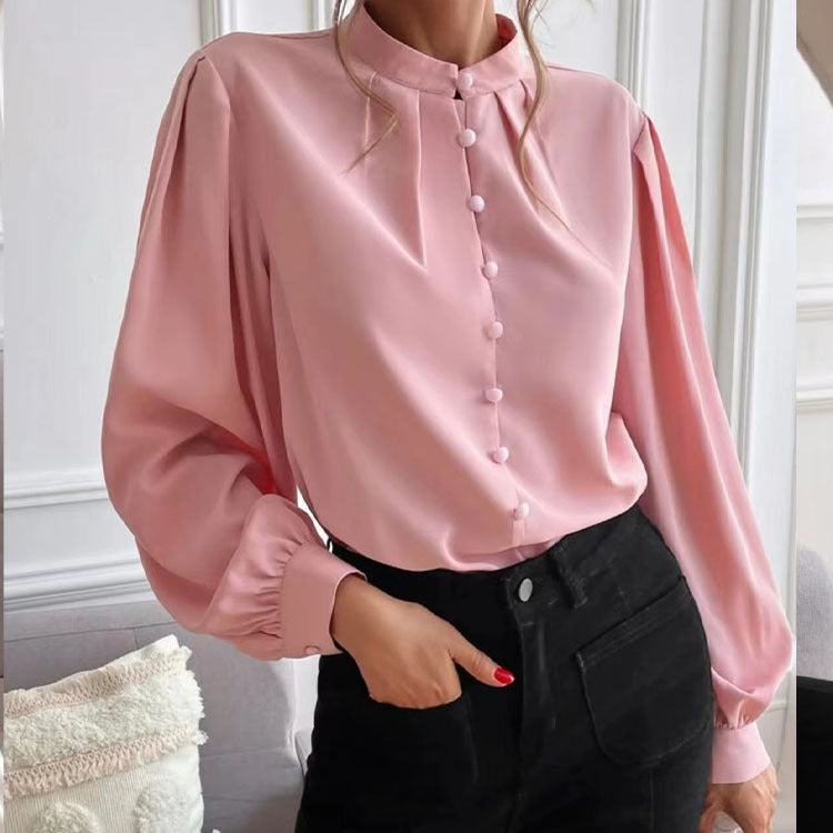 Women's Elegant Solid Color Lapel Long Sleeve Single Row Blouses