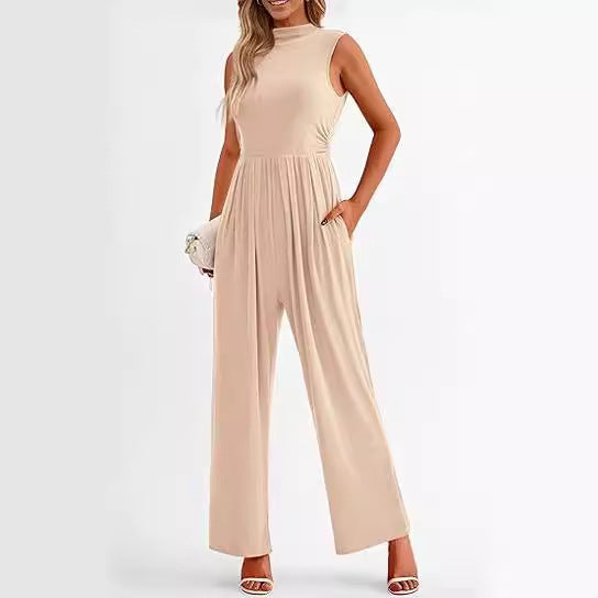 Women's Casual One-piece Sleeveless Wide Leg Belt Jumpsuits