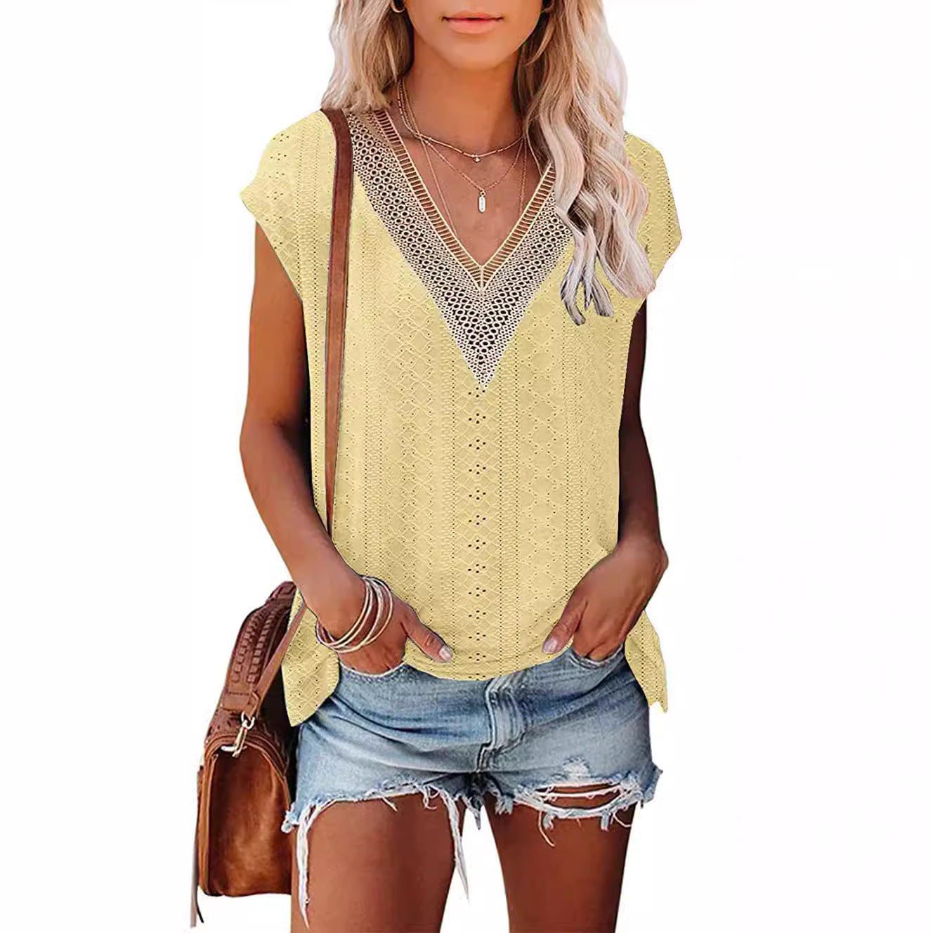 Women's Summer T-shirt Hole Stitching Lace Blouses