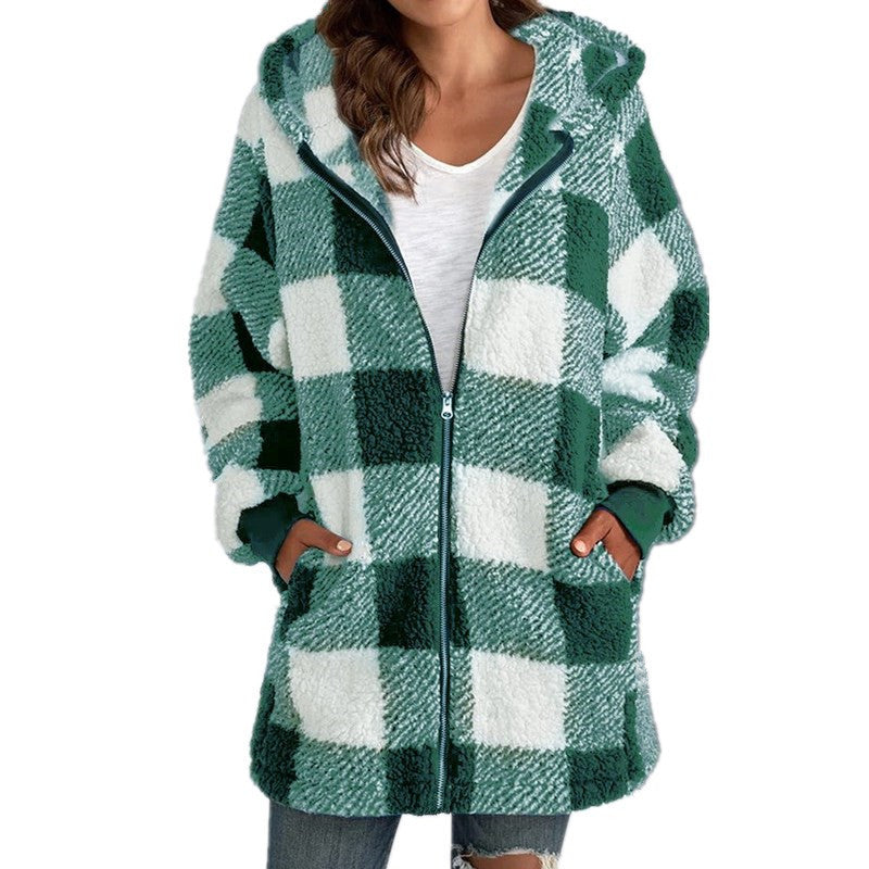 Women's Plush Long-sleeved Plaid Hooded Zipper With Sweaters