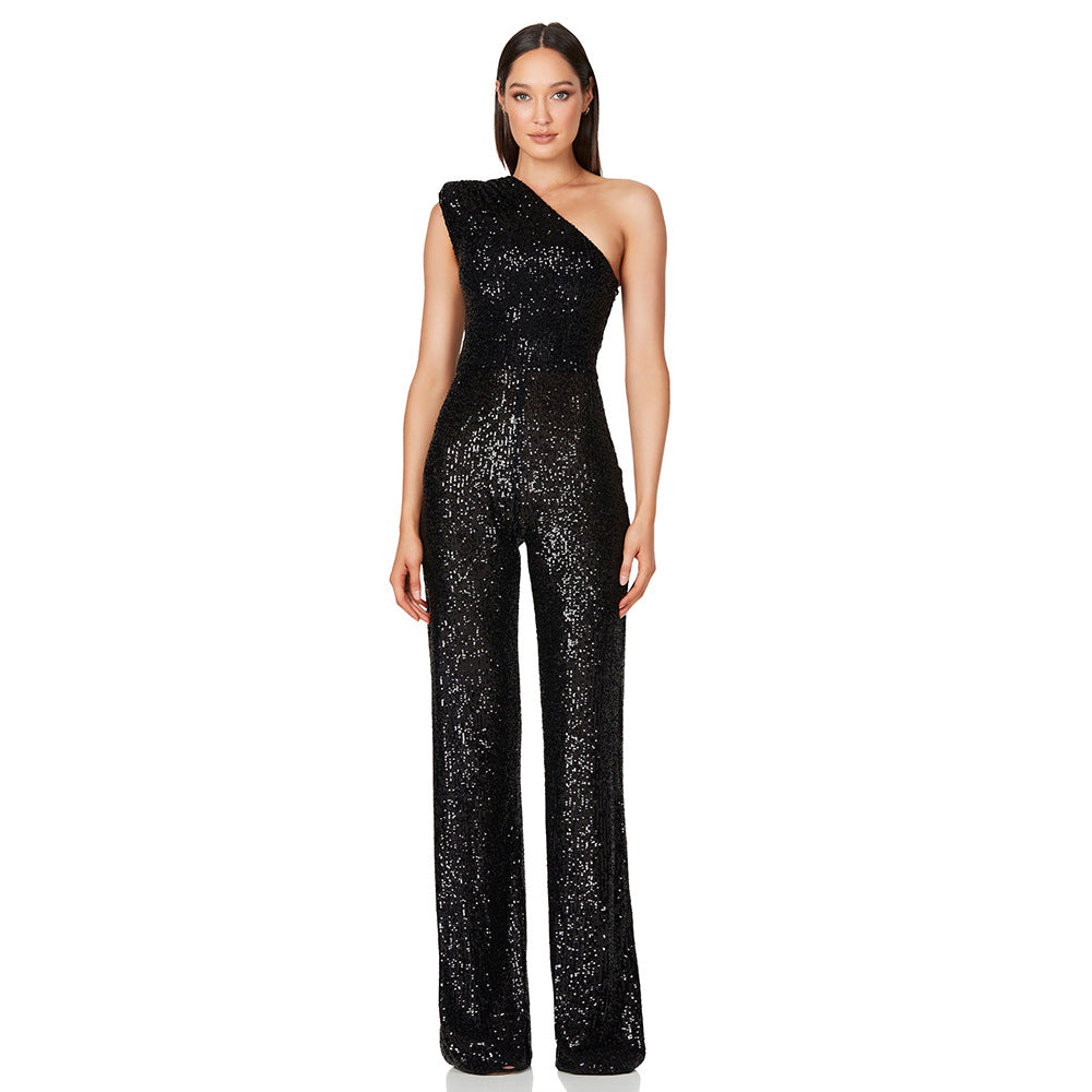 Attractive Women's Summer Sleeveless One-shoulder Sequined Jumpsuits