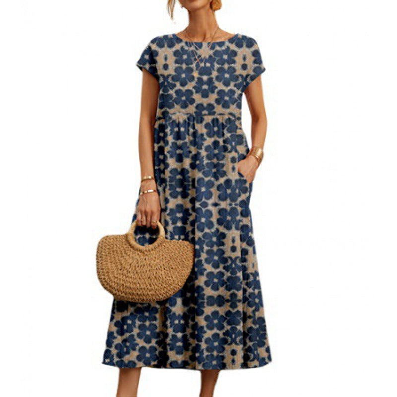 Women's Linen Sleeveless Round Neck Printed Summer Dresses