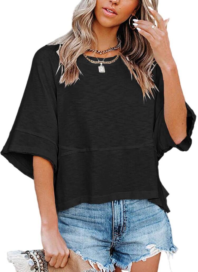 Stitching Solid Color Round Neck Bell Blouses