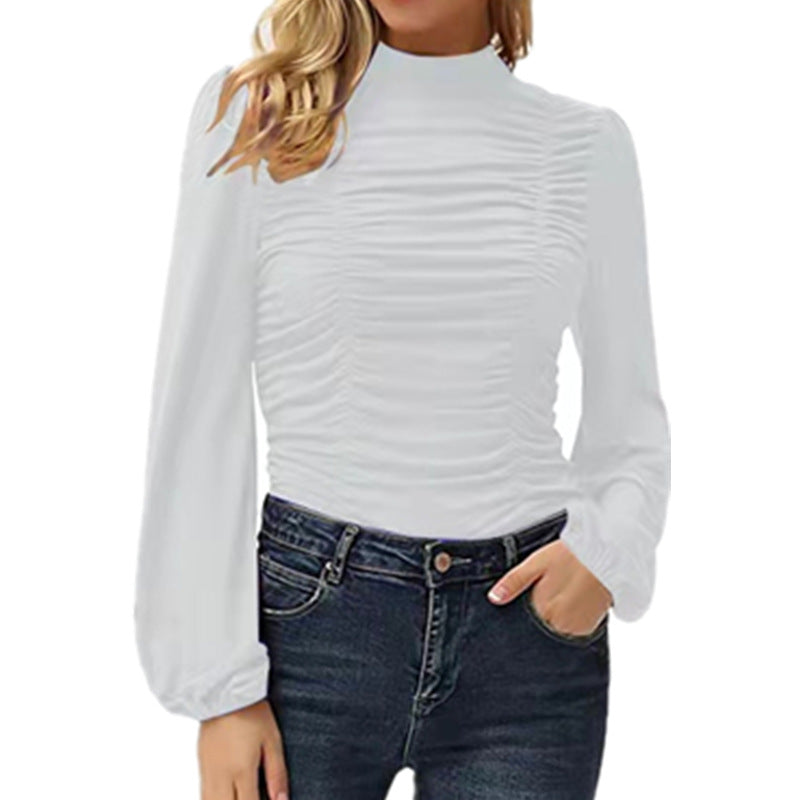 Women's Color Long Lantern Sleeve Turtleneck Pleated Slim Blouses