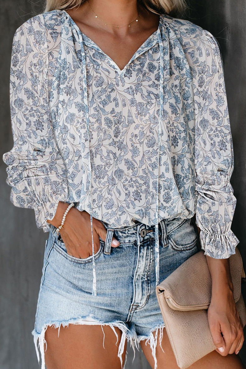 Women's Floral Print Shirt V-neck Long-sleeved Blouses