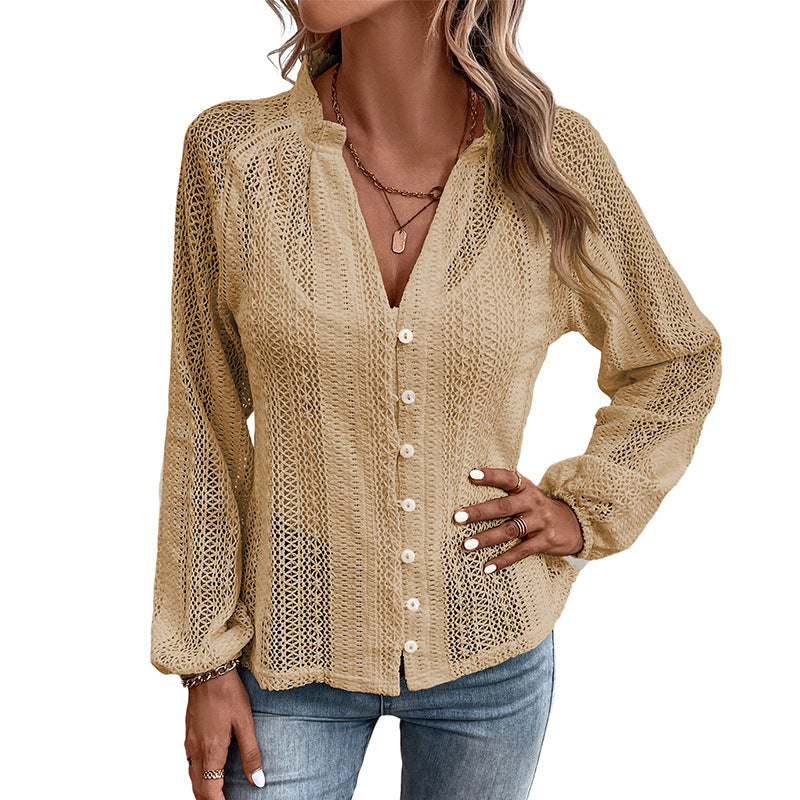 Damen Farbe Mode Spitze Shirt Sommer Mesh Holz Ohr Shell Blusen