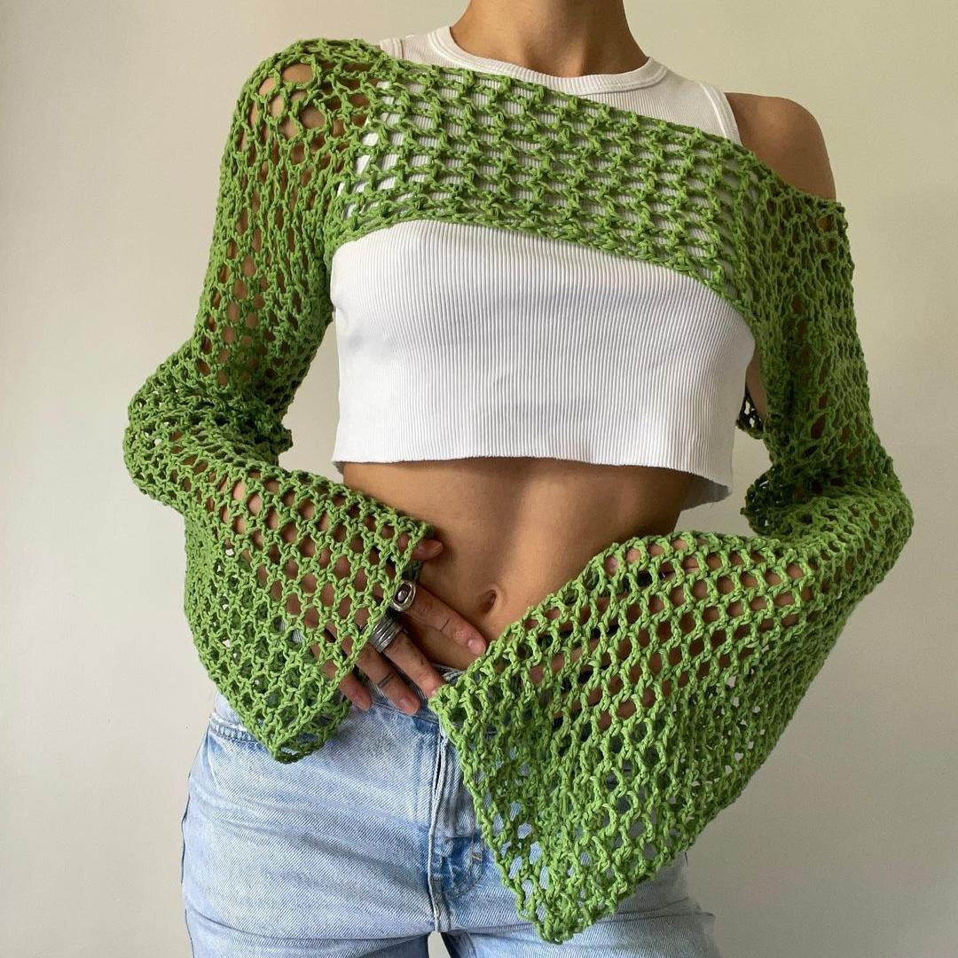 Women's Autumn Hand Crochet Casual Bell Sleeve Sexy Knitwear