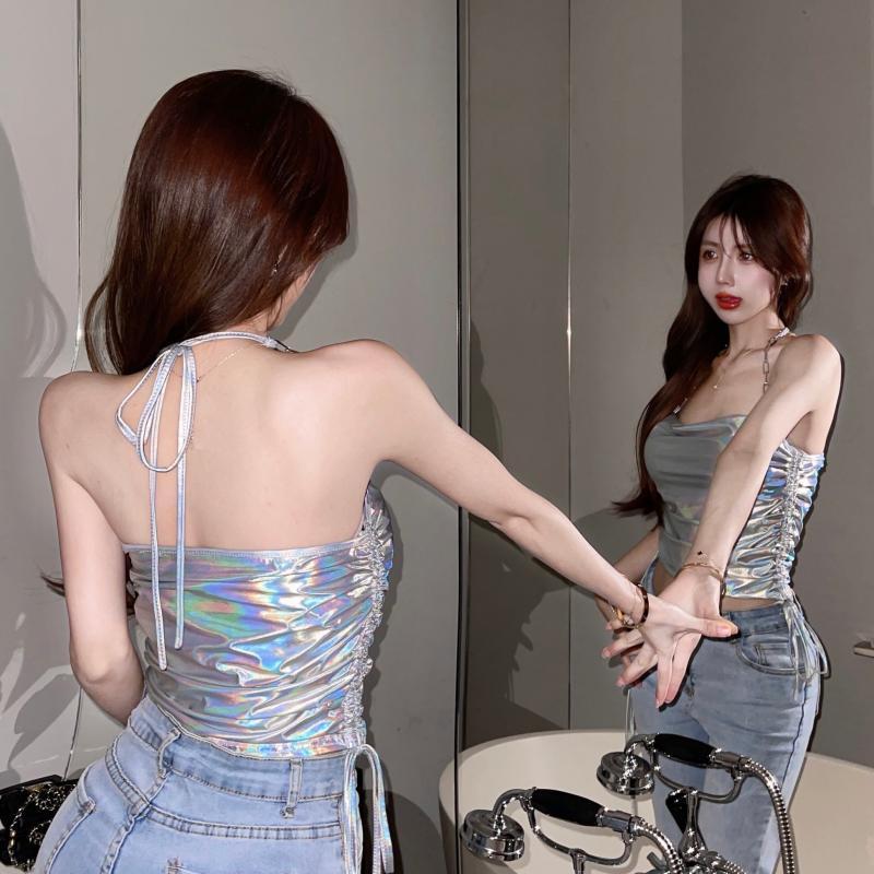 Women's Summer Color Patchwork Sleeveless Halter Slim Vests