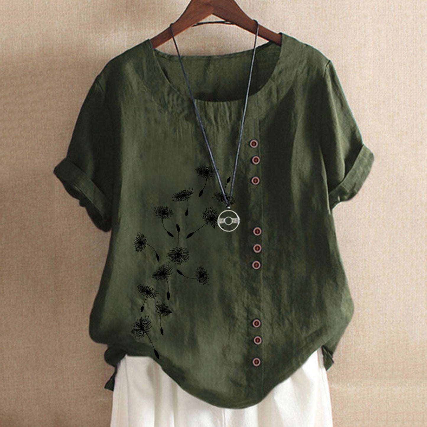 Sleeve With Buttons Round Neck Print Blouses