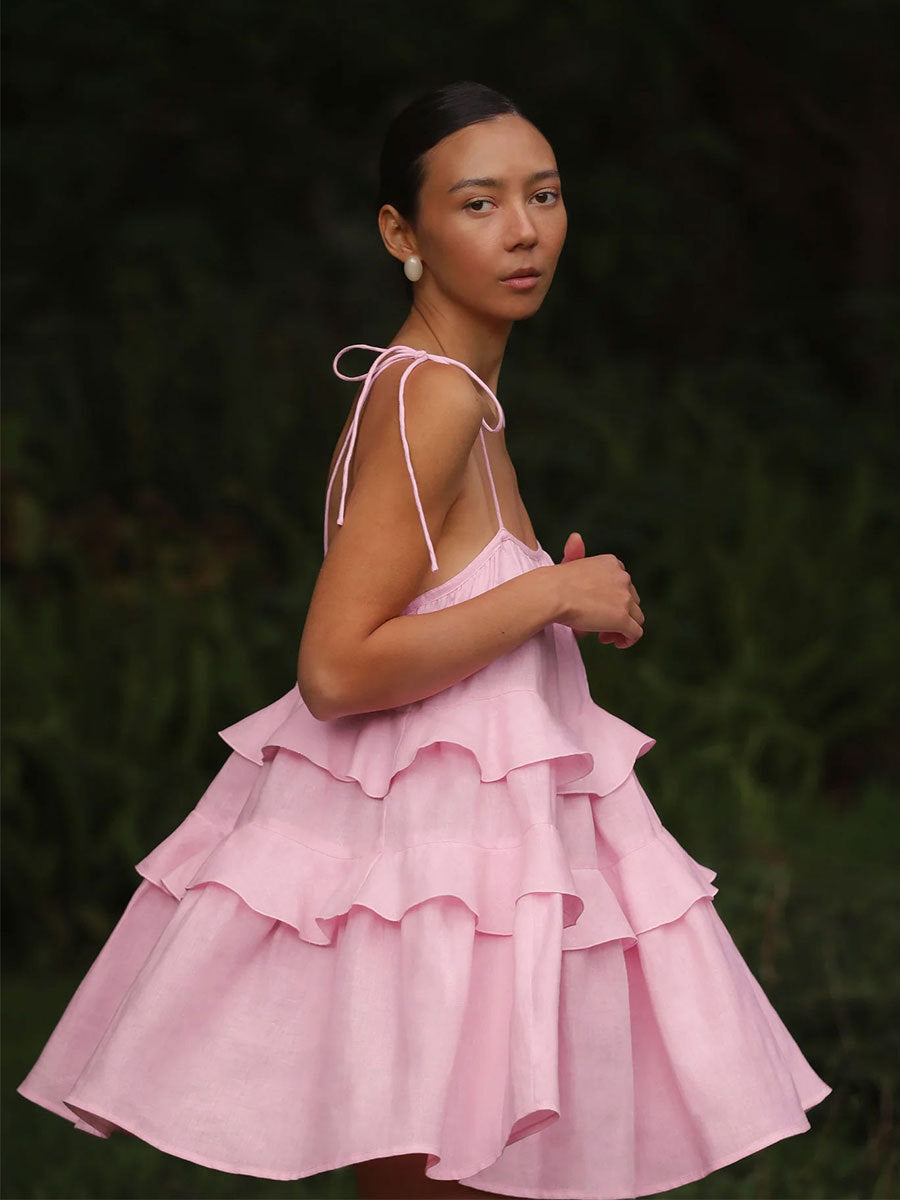 Slingkleid Sommer Rüschen Stufenkleid Rückenfrei Kleider