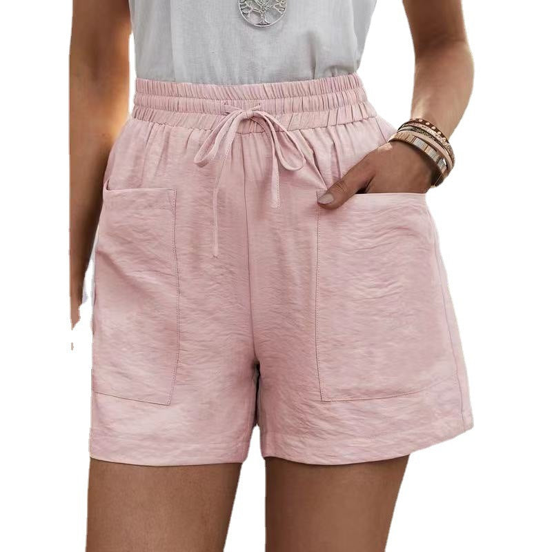 Short d'été ample en lin avec poches de loisirs pour femmes, couleur unie