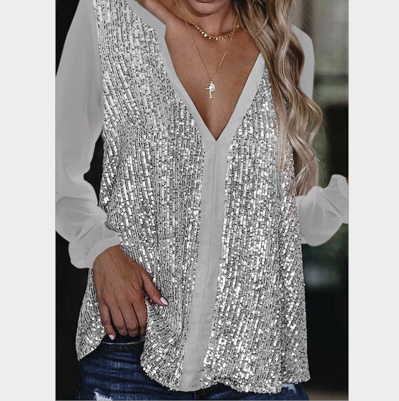 Urban Casual Sequin V-neck Long Sleeve Loose Pullover Solid Color Blouses