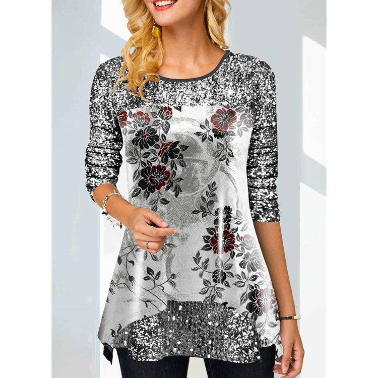 Women's Fashion Print Round Neck T-shirt Blouses