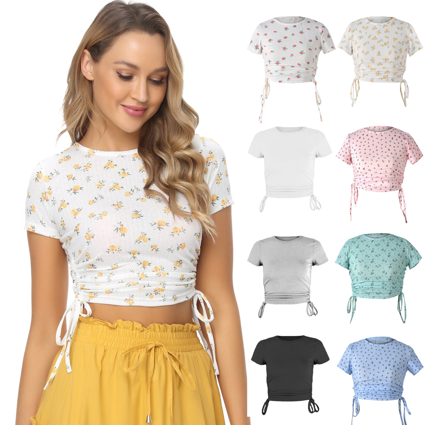 Women's Printed Short-sleeved T-shirt Drawstring Round Neck Tops