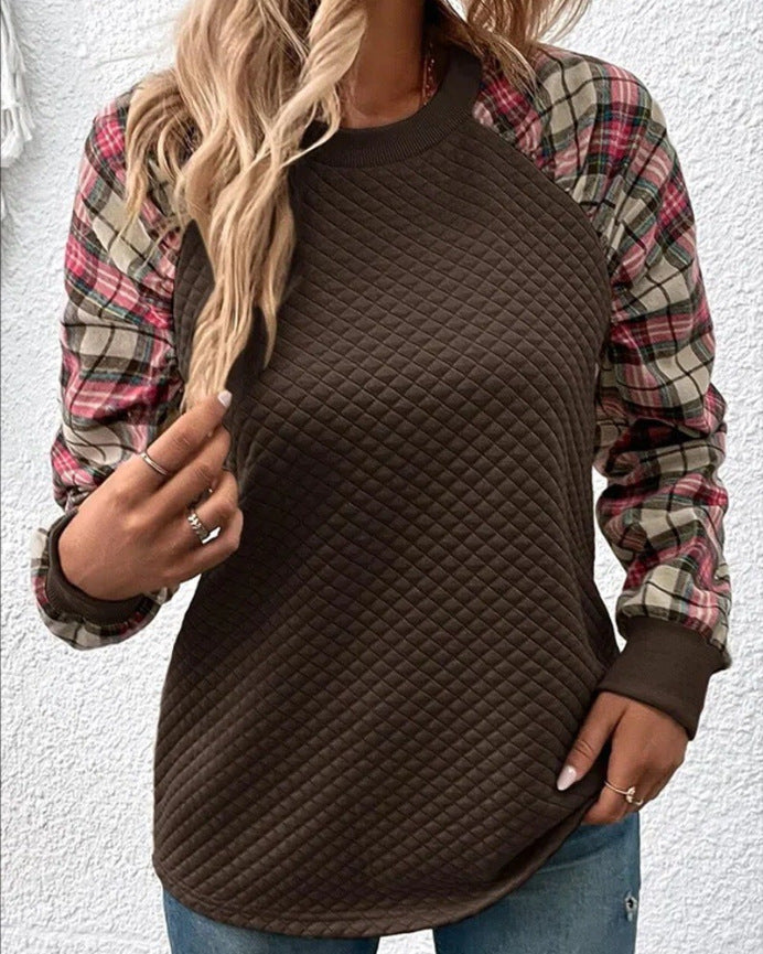 Women's Diamond Plaid Stitching Long Sleeve Crew Sweaters