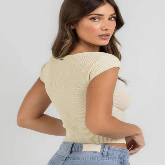 T-shirt en tricot kinky pour femmes, tricot serré et exposé