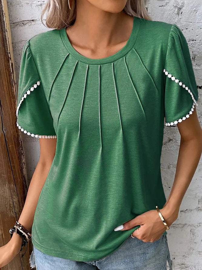 Women's Summer Round Neck Solid Color Pleated Blouses