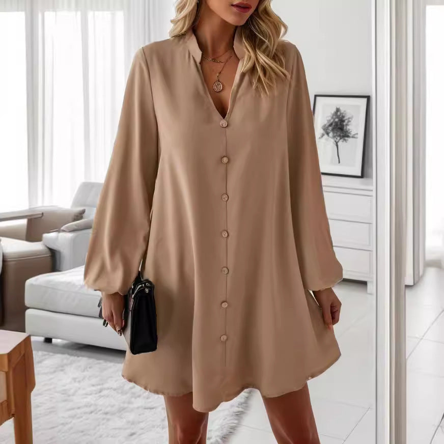 Robe ample à manches longues et simple boutonnage pour femme