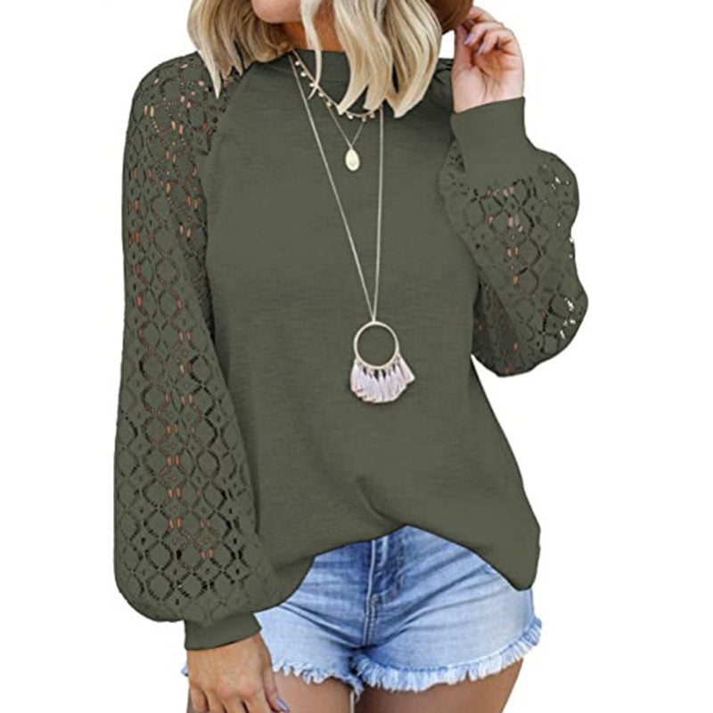 Women's Round Neck Long Sleeve Lace Stitching Tops