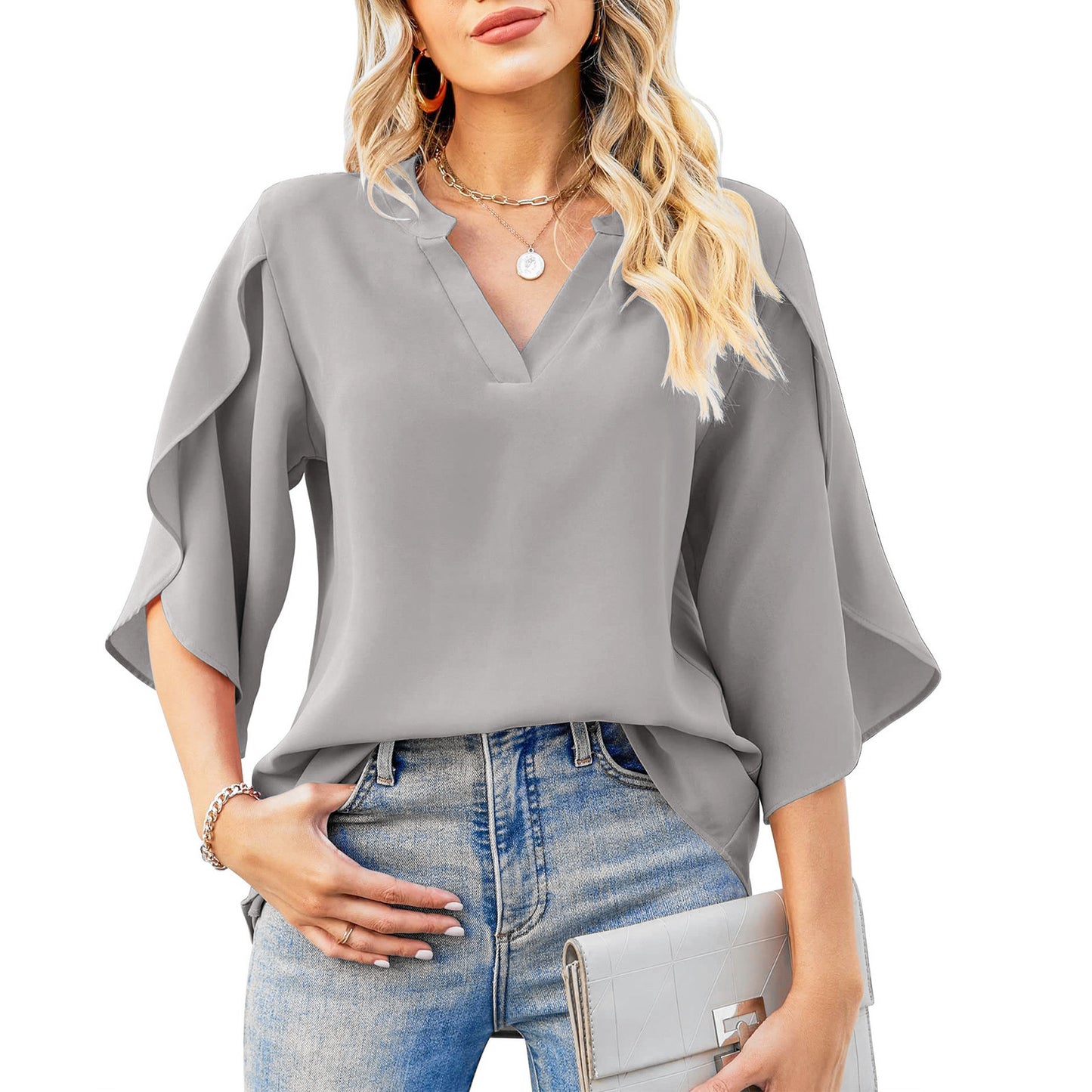 Women's Loose Chiffon Solid Color Shirt Blouses