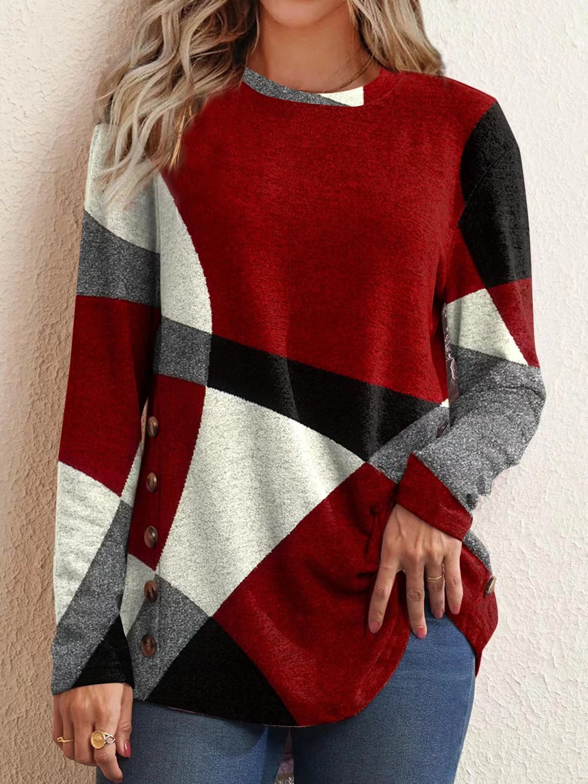 Women's Cashmere Printing Color Long-sleeved T-shirt Blouses