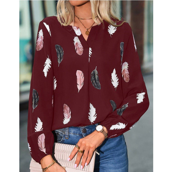 Women's V-neck Feather Print Long-sleeved Loose Blouses