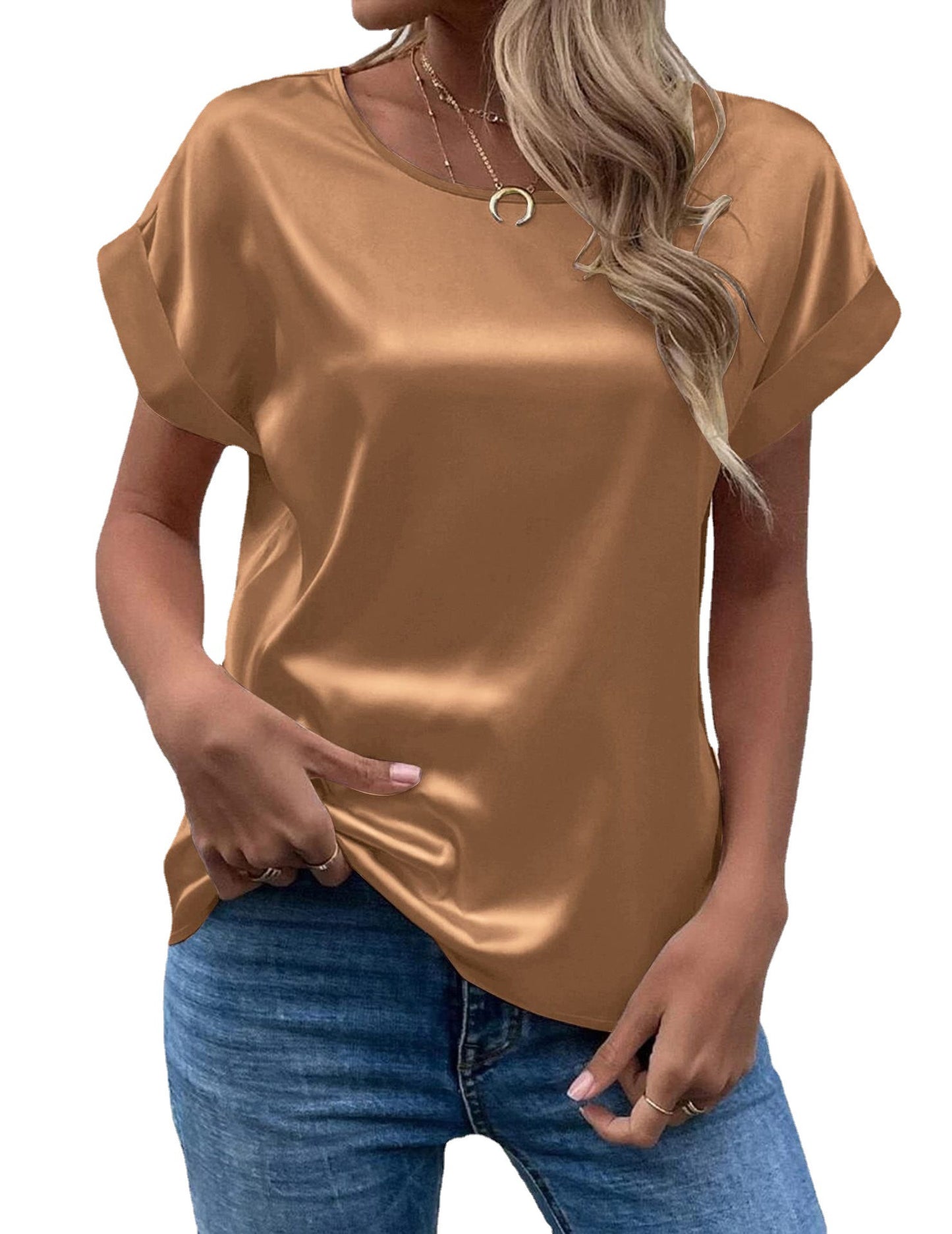 Women's Popular Short-sleeved Satin Loose-fitting Round-neck Blouses