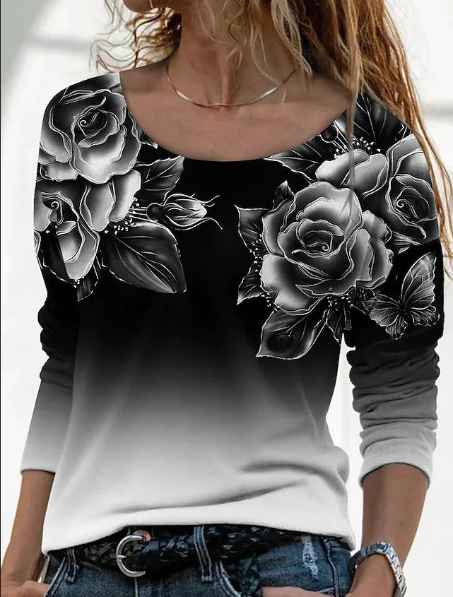 Women's Long Sleeve Loose Neck Casual Pullover Print Blouses