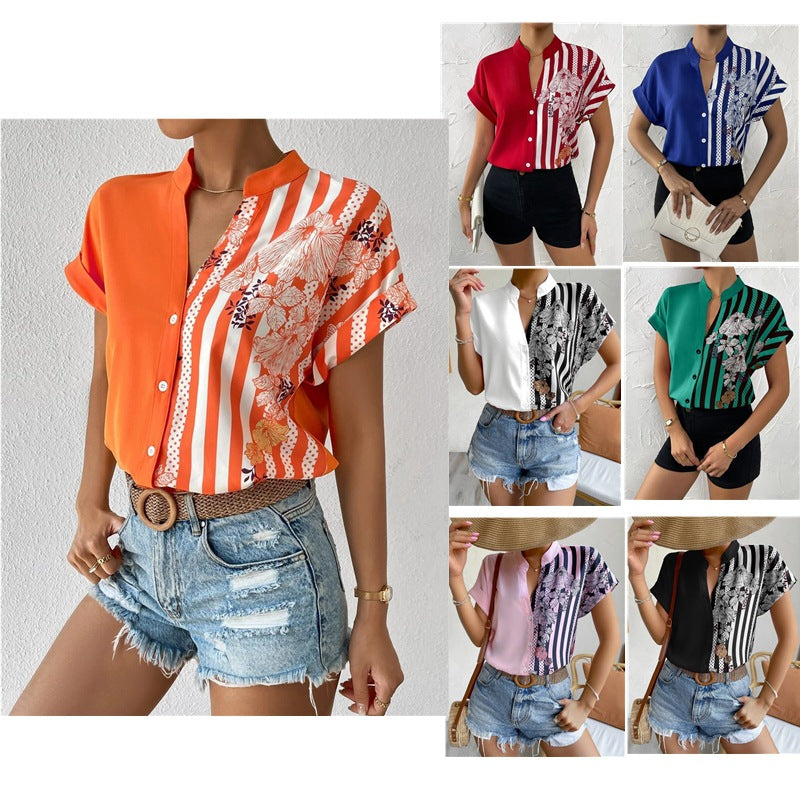 Women's Summer Double Color Matching Floral Button Blouses