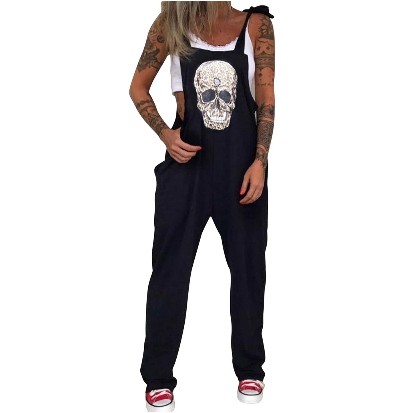 Unique Printed Skull Chrysanthemum Overalls Trousers Pants