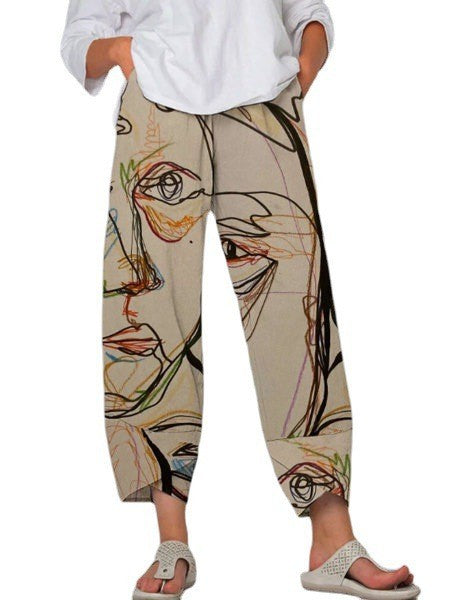 Women's Waist Gray Printed Stitching Loose Cropped Pants