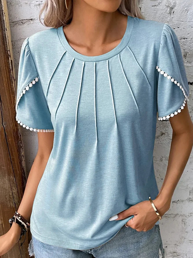 Women's Summer Round Neck Solid Color Pleated Blouses