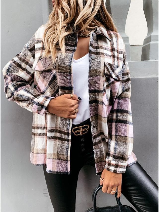 Women's Woolen Shirt Long Sleeve Plaid Blouses