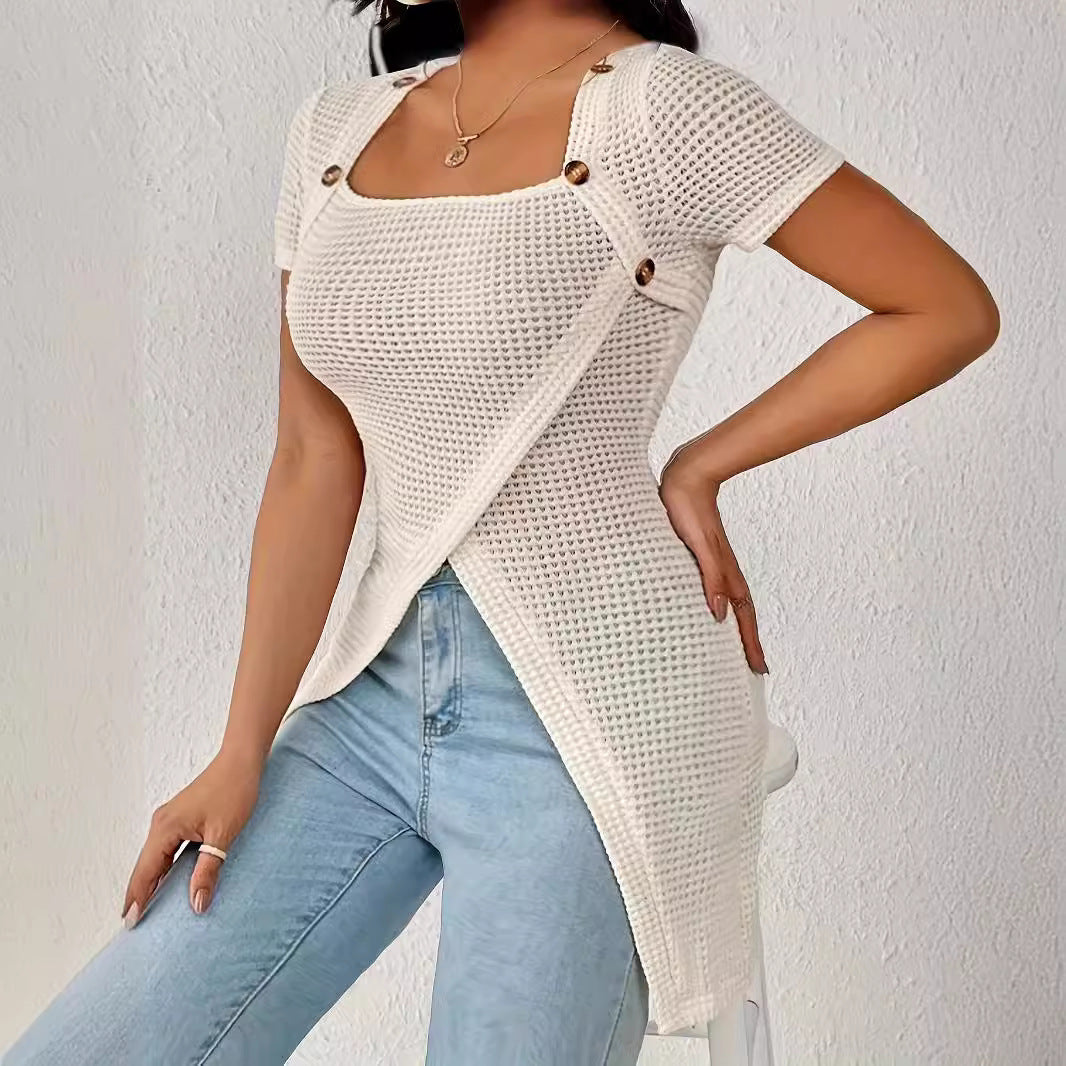 Women's Summer Solid Color Waffle Square Collar Blouses