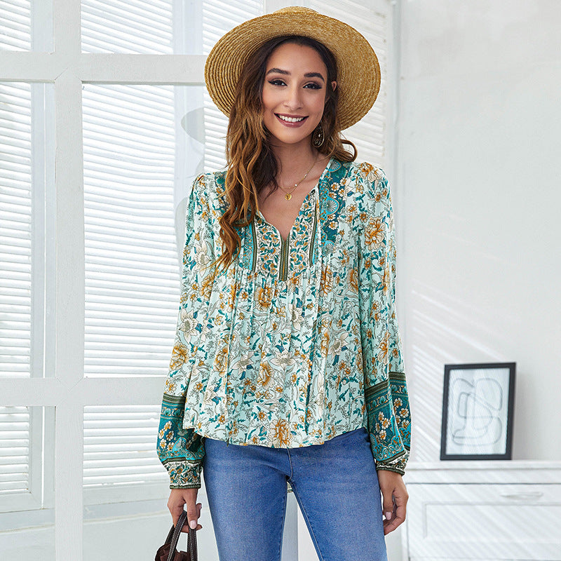 Spring Collar Printed Loose Lantern Long-sleeved Tops