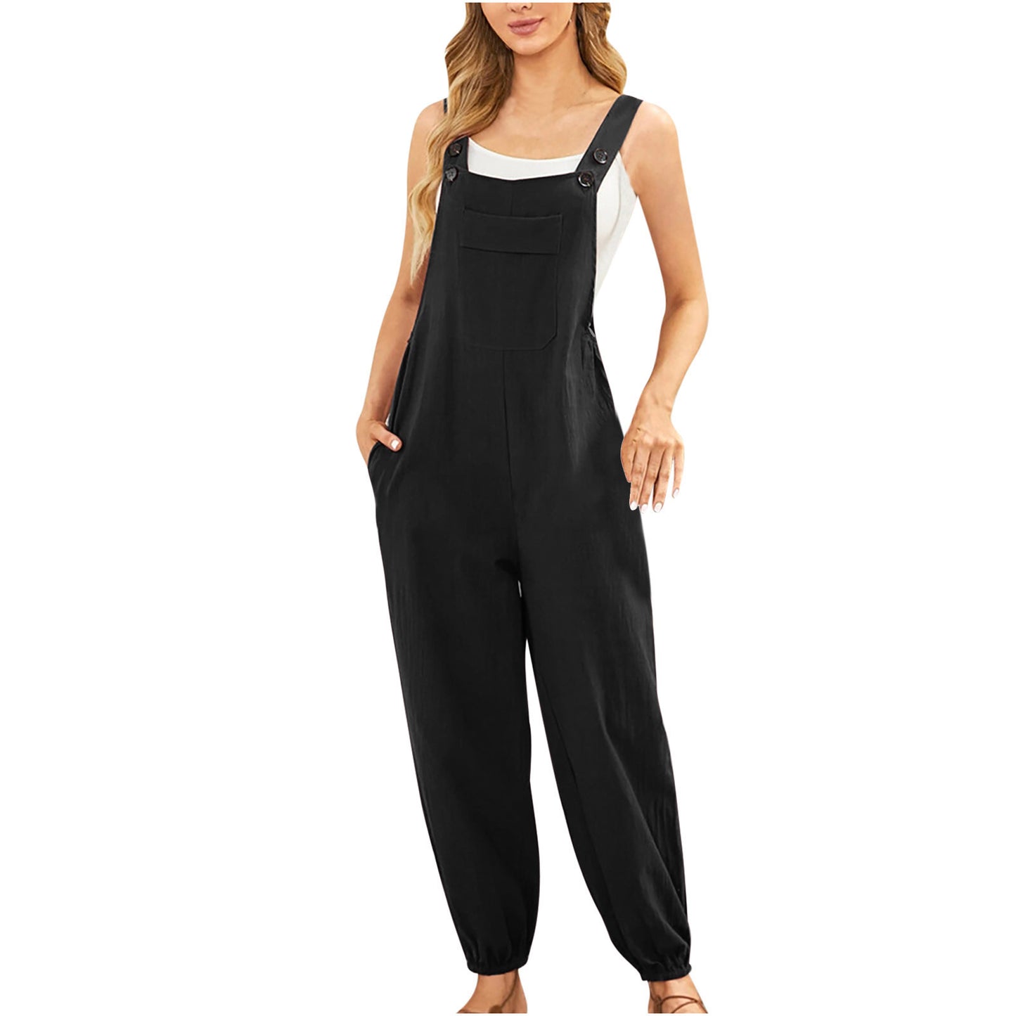 Lässiger, enger Jumpsuit aus Baumwollleinen mit Hosenträgertasche für Damen