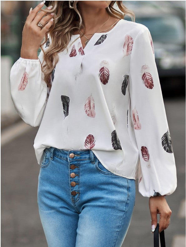 Women's V-neck Feather Print Long-sleeved Loose Blouses