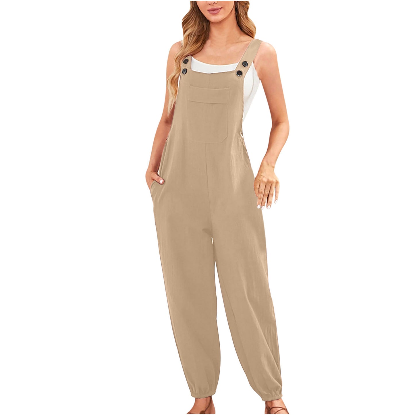 Women's Cotton Linen Pocket Suspender Casual Skinny Jumpsuits